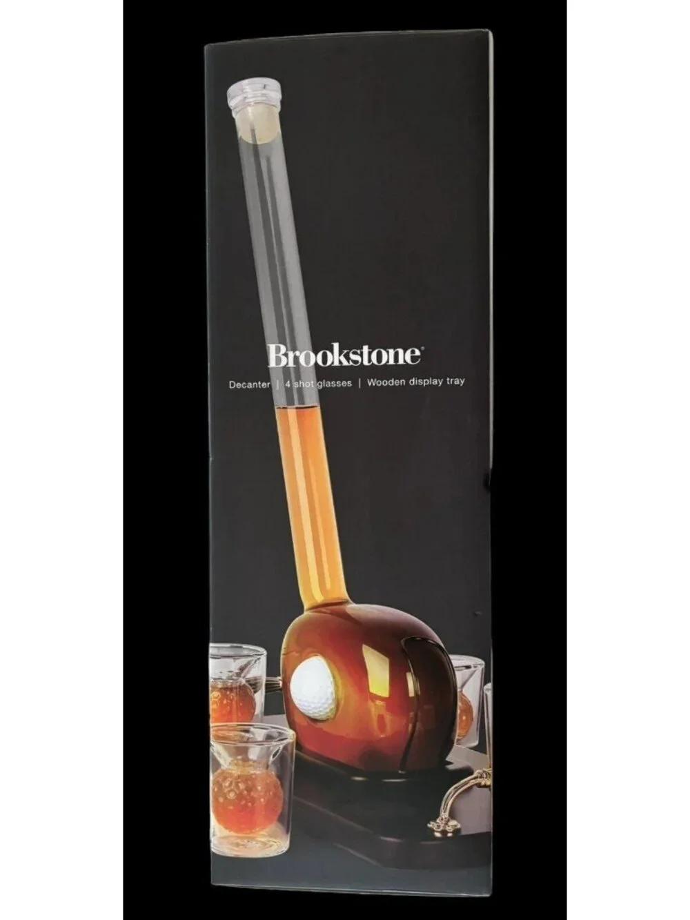 Brookstone Pin High Decanter Set with 4 Shot Glasses & Wooden Tray - New in Box